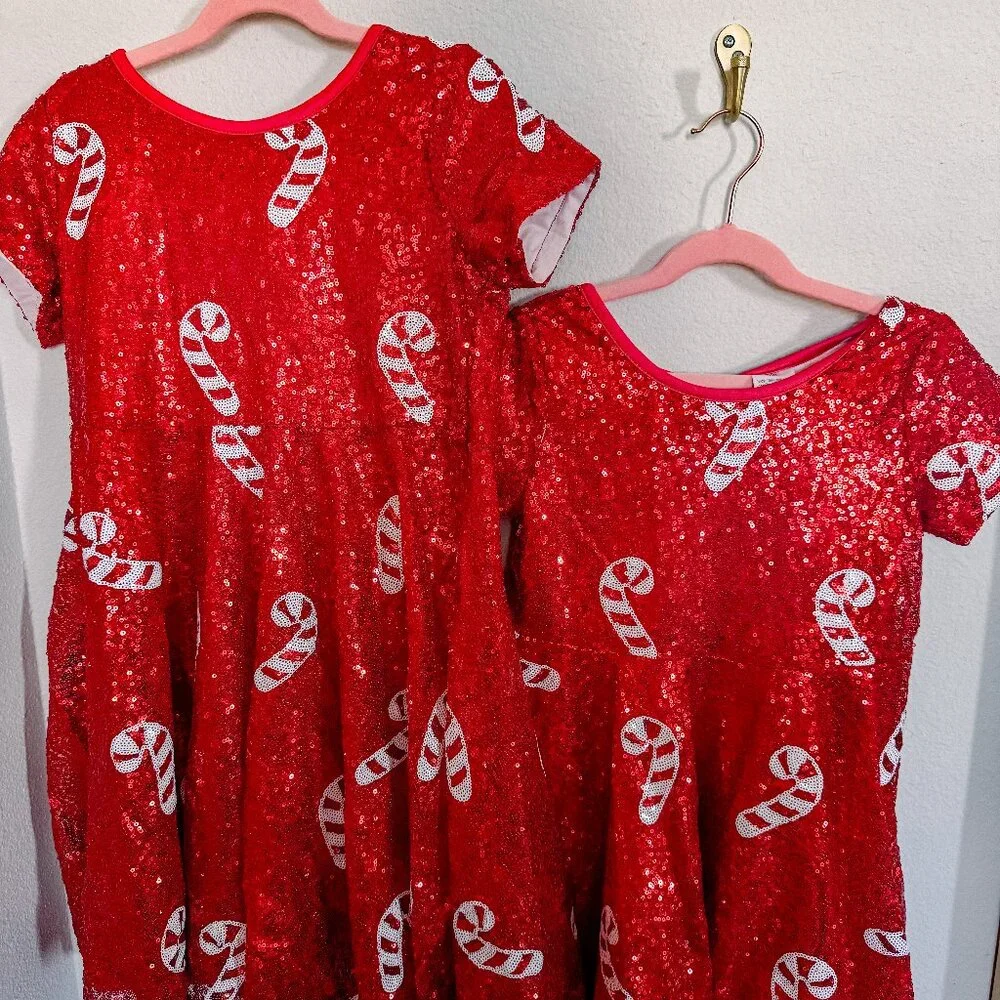 Sparkle in Pink Red Sequin Candy Cane Dress Sister Set Sizes‎ 8/9  10/12